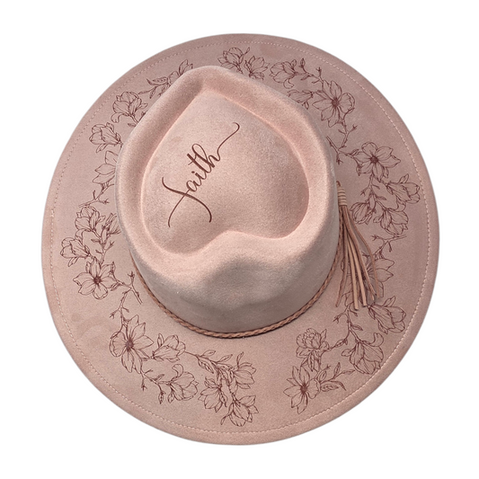 Dusty Pink Vegan Suede Wide Brim Hat - Laser Engraved Magnolia