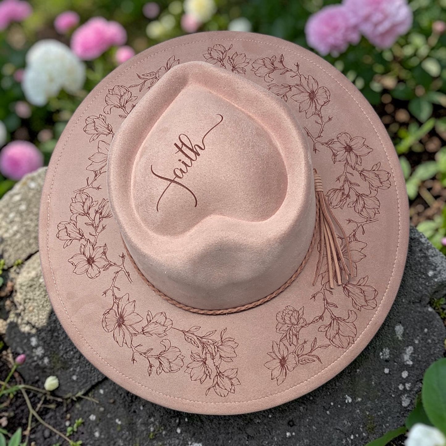 Dusty Pink Vegan Suede Wide Brim Hat - Laser Engraved Magnolia