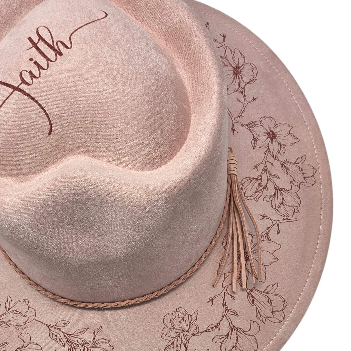 Dusty Pink Vegan Suede Wide Brim Hat - Laser Engraved Magnolia