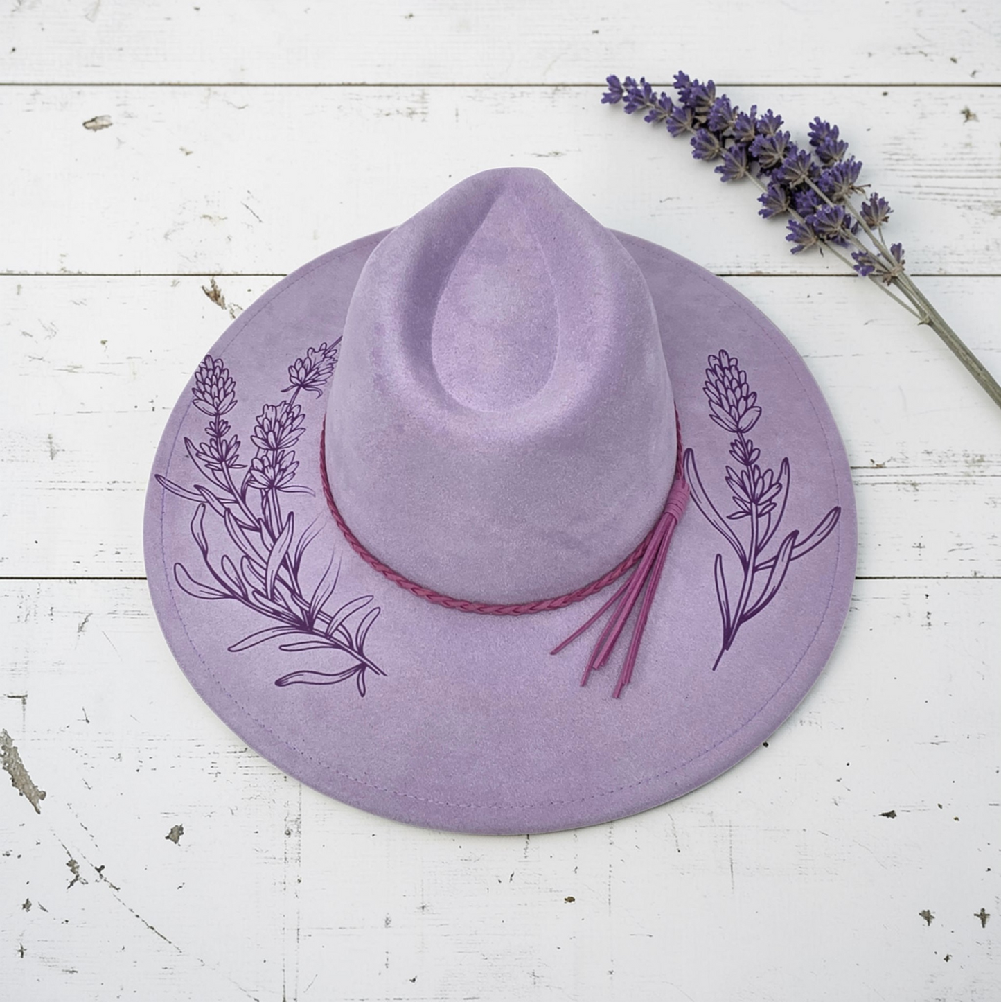 Lavender Vegan Suede Wide Brim Hat - Laser Engraved Floral Design