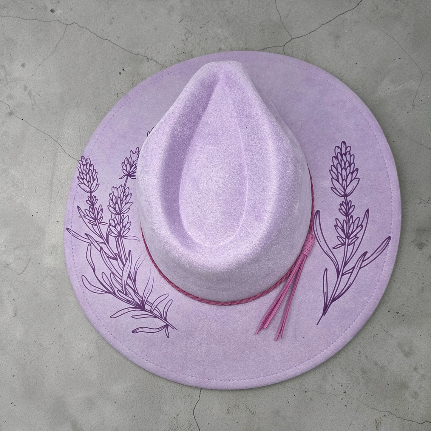 Lavender Vegan Suede Wide Brim Hat - Laser Engraved Floral Design