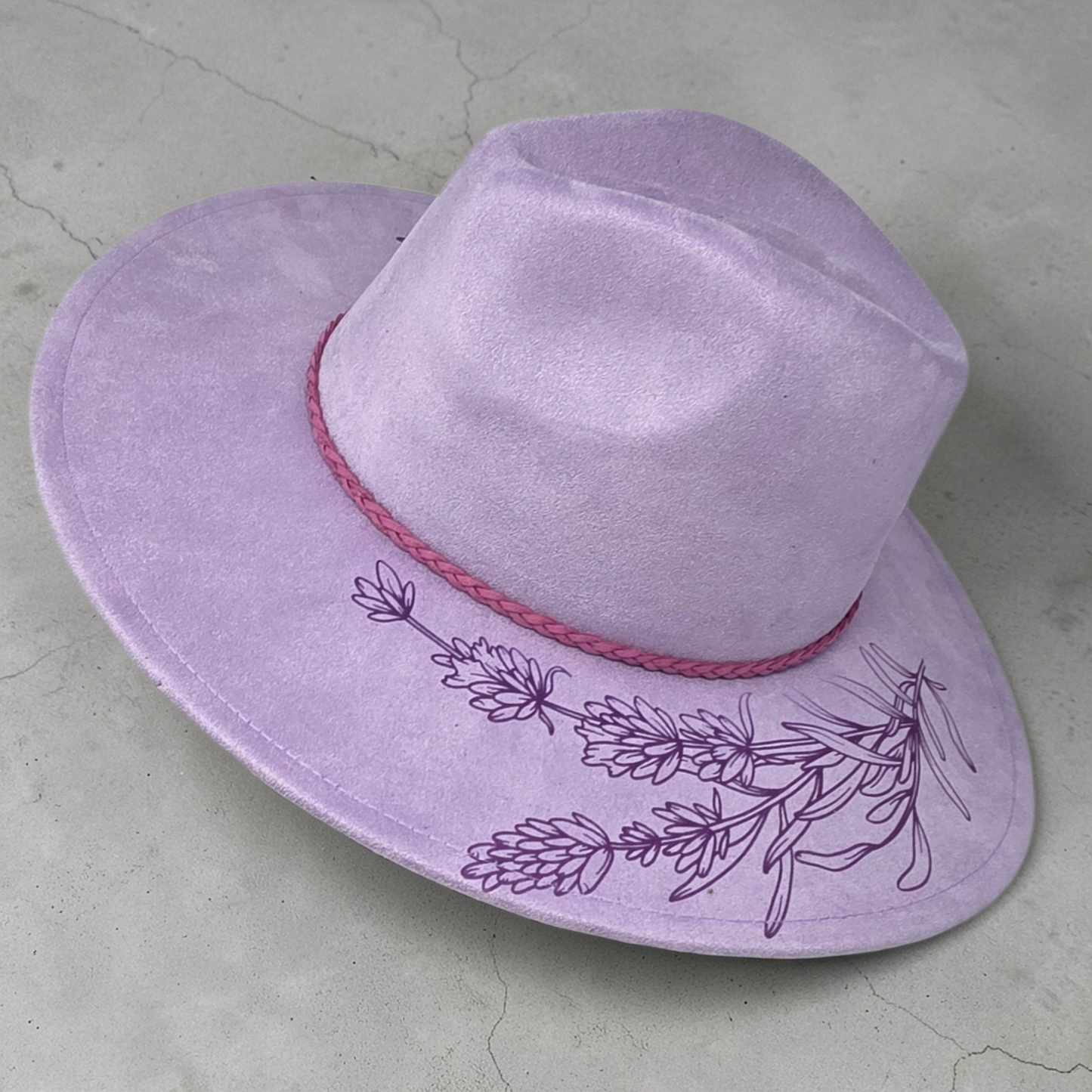 Lavender Vegan Suede Wide Brim Hat - Laser Engraved Floral Design