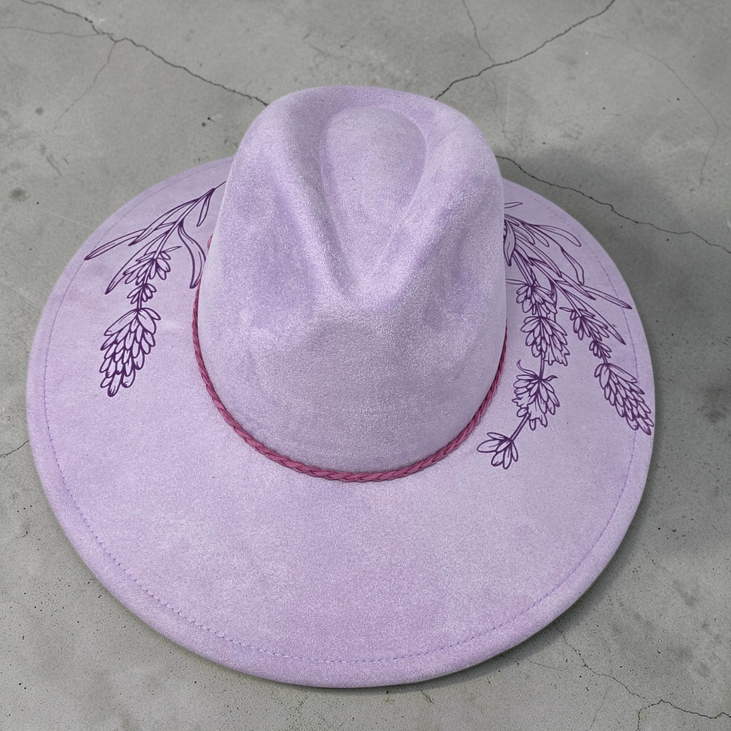 Lavender Vegan Suede Wide Brim Hat - Laser Engraved Floral Design