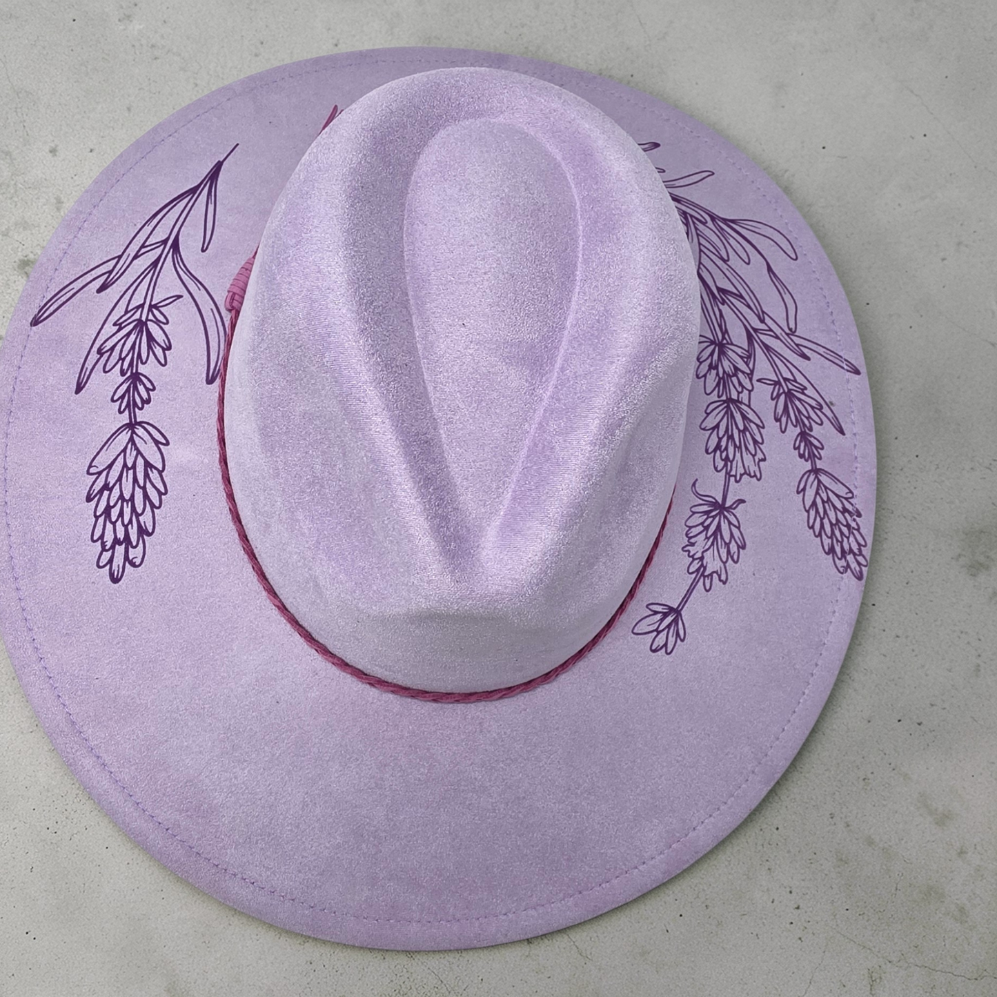 Lavender Vegan Suede Wide Brim Hat - Laser Engraved Floral Design
