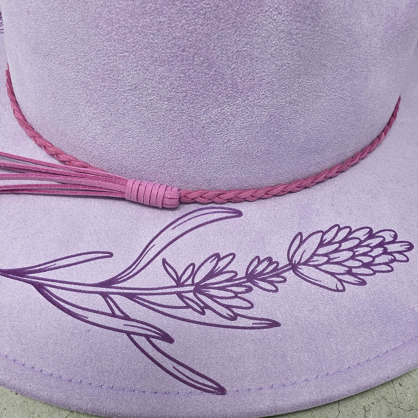 Lavender Vegan Suede Wide Brim Hat - Laser Engraved Floral Design