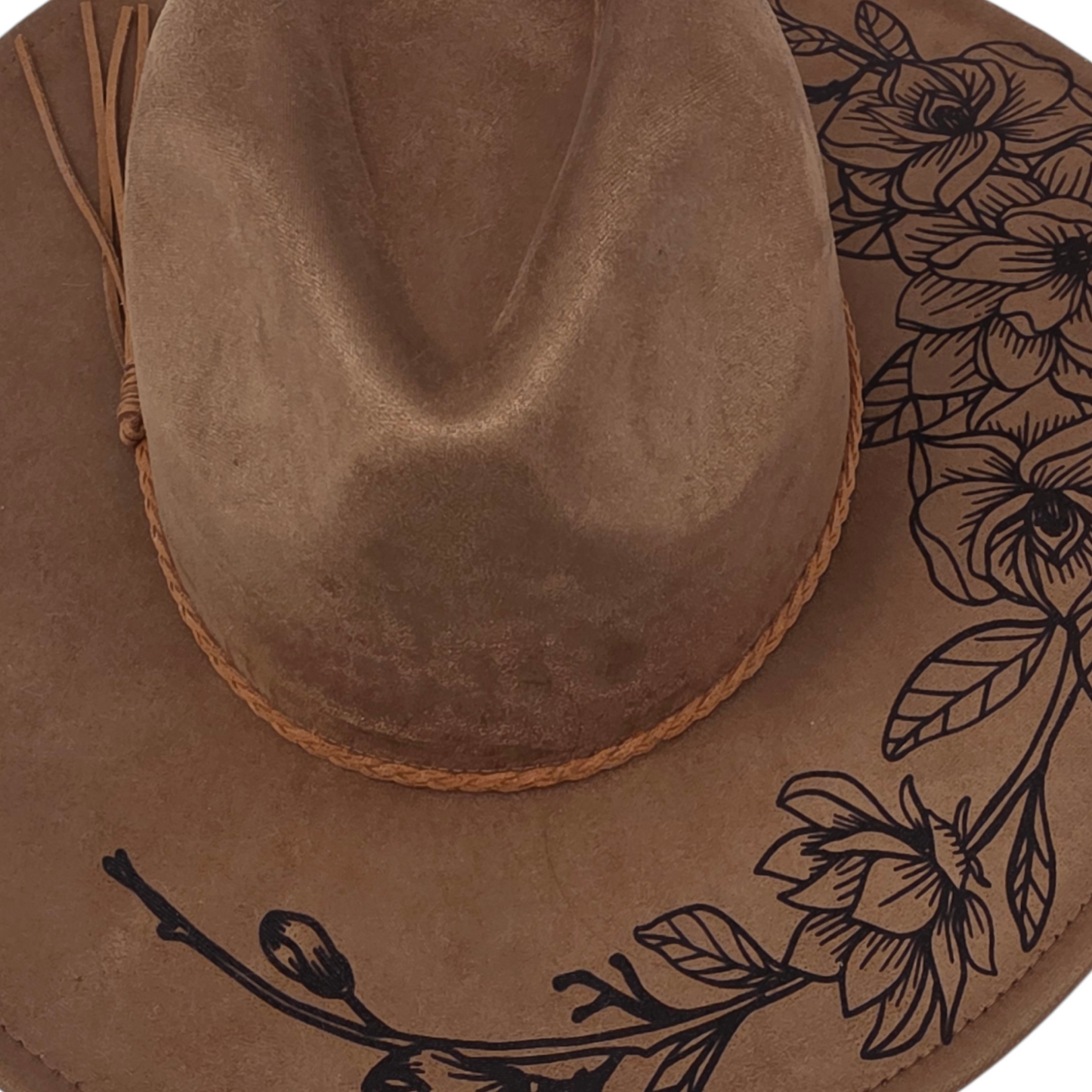 Vegan Suede Wide Brim Hat - Laser Engraved Gardenia Floral Design