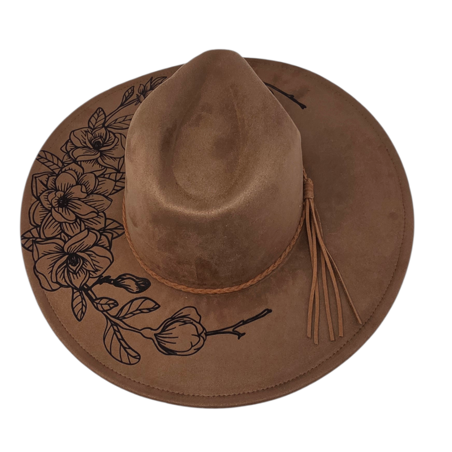 Vegan Suede Wide Brim Hat - Laser Engraved Gardenia Floral Design