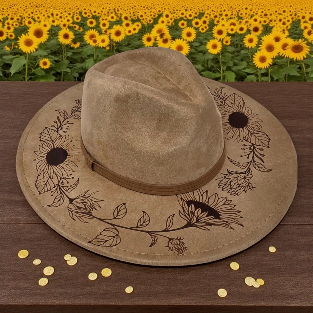 Vegan Suede Sunflower Rancher Style Cowboy Hat Wide Flat Brim