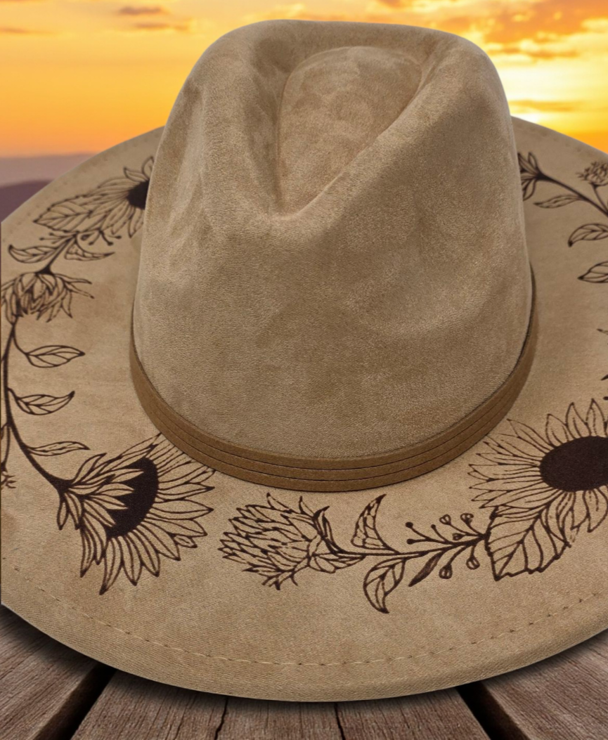 Vegan Suede Sunflower Rancher Style Cowboy Hat Wide Flat Brim