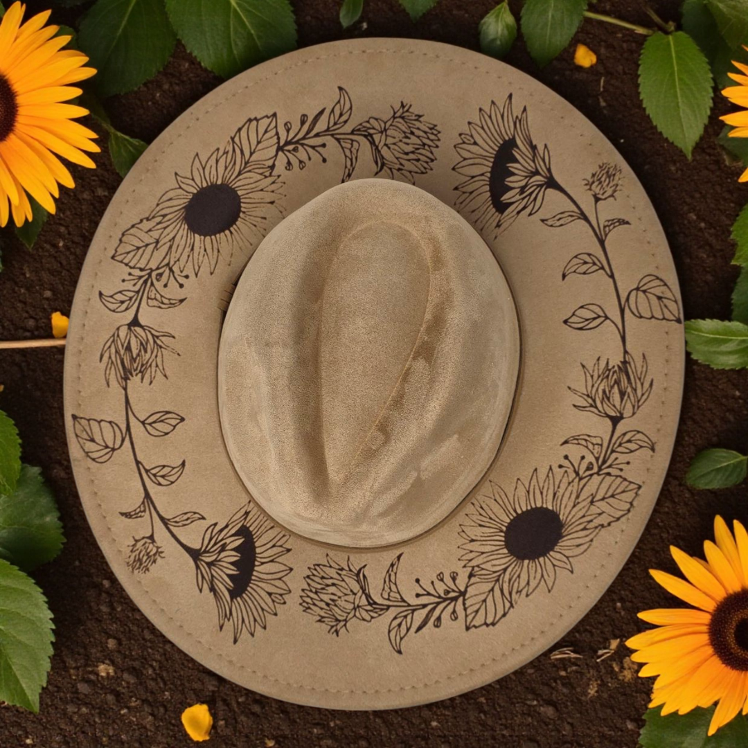 Vegan Suede Sunflower Rancher Style Cowboy Hat Wide Flat Brim