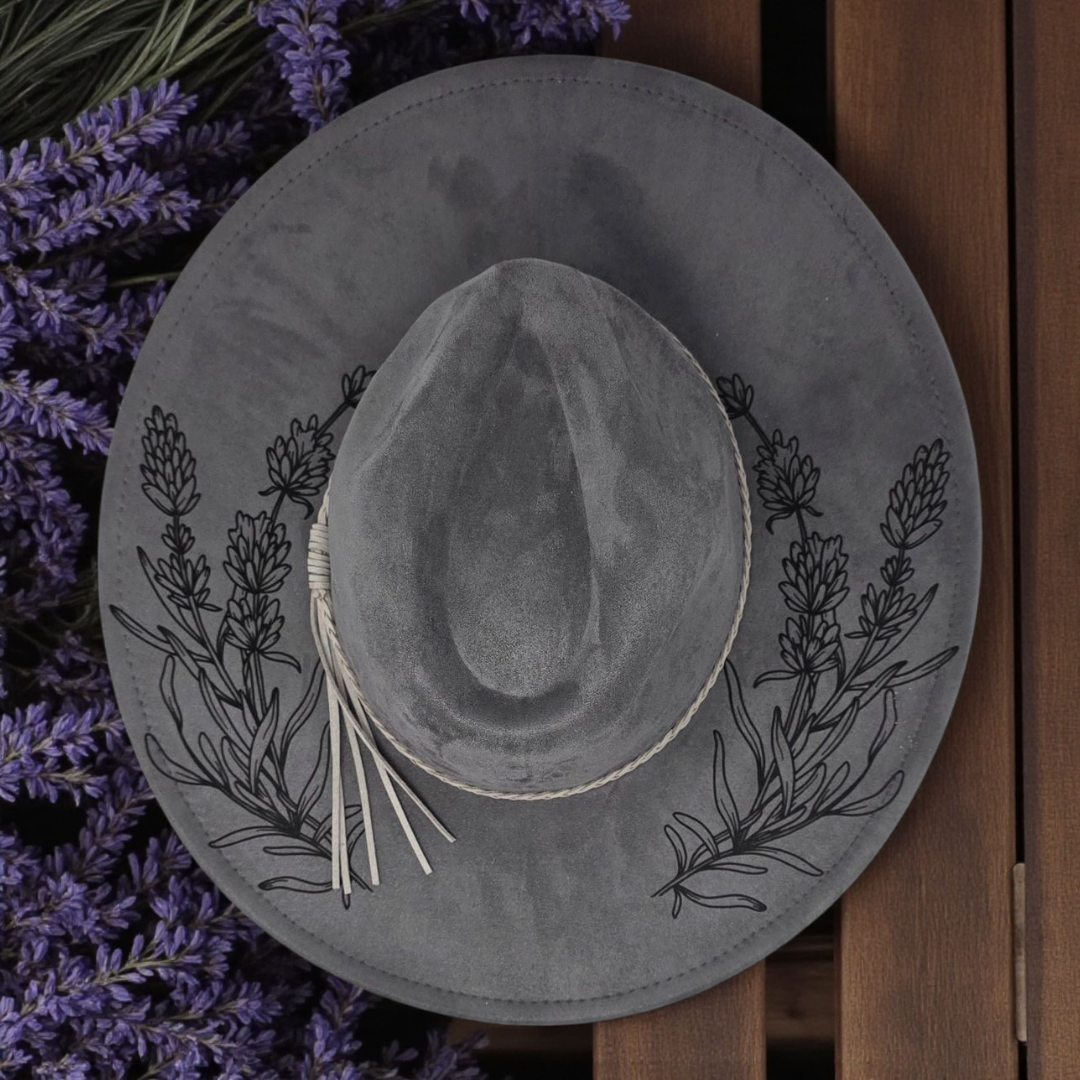 Vegan Suede Lavender Floral Rancher Style Cowboy Hat Wide Flat Brim