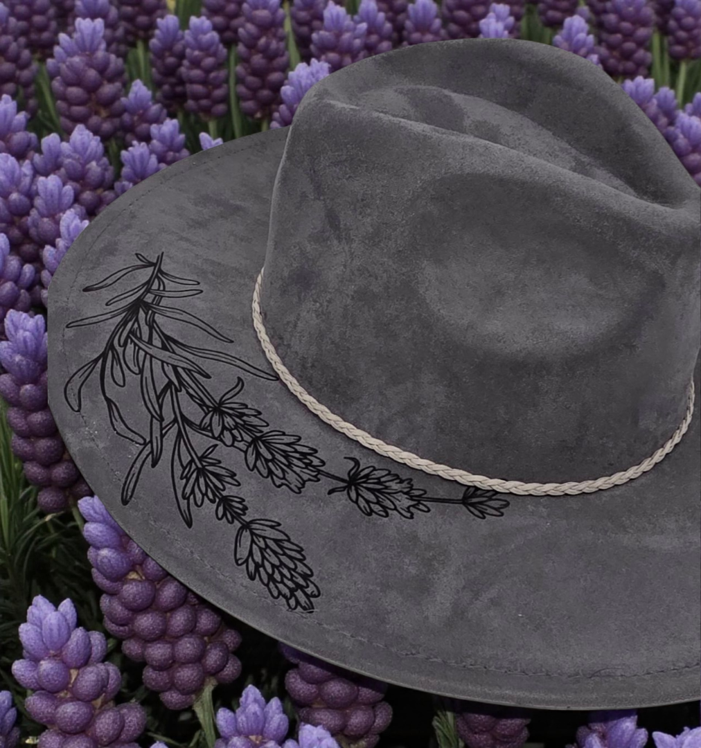 Vegan Suede Lavender Floral Rancher Style Cowboy Hat Wide Flat Brim