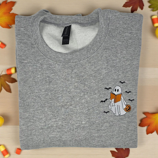 Ghost Reading Book Crewneck Sweatshirt with Bats | Cozy Halloween Fall Sweatshirt