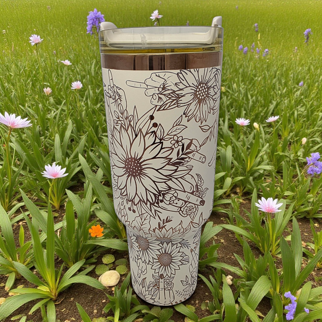 🌻 40oz Cream & Copper Sunflower Attitude Middle Finger Tumbler