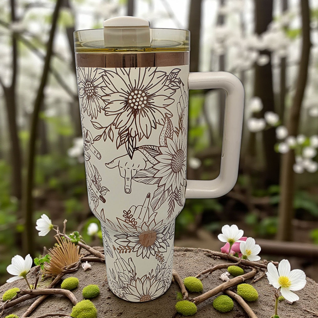 🌻 40oz Cream & Copper Sunflower Attitude Middle Finger Tumbler