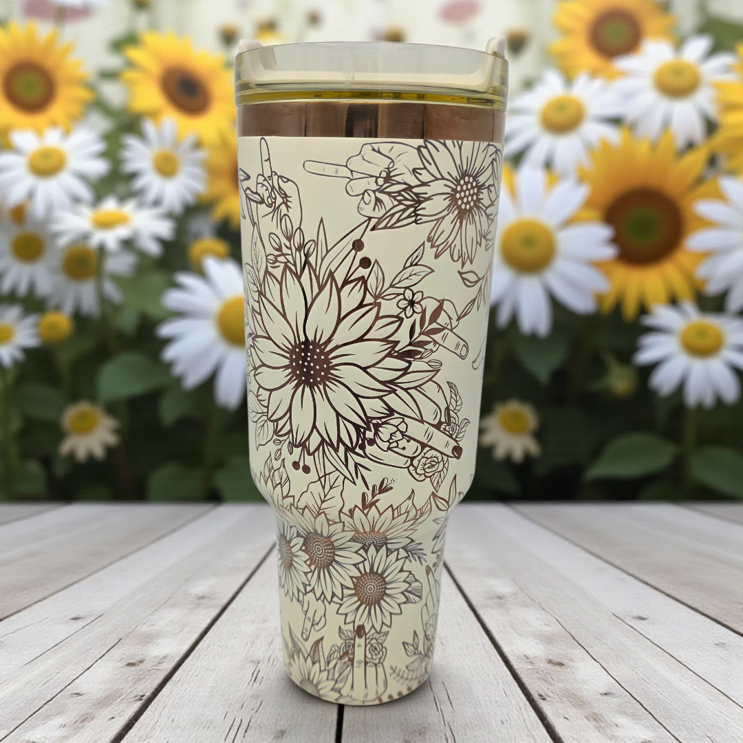 🌻 40oz Cream & Copper Sunflower Attitude Middle Finger Tumbler