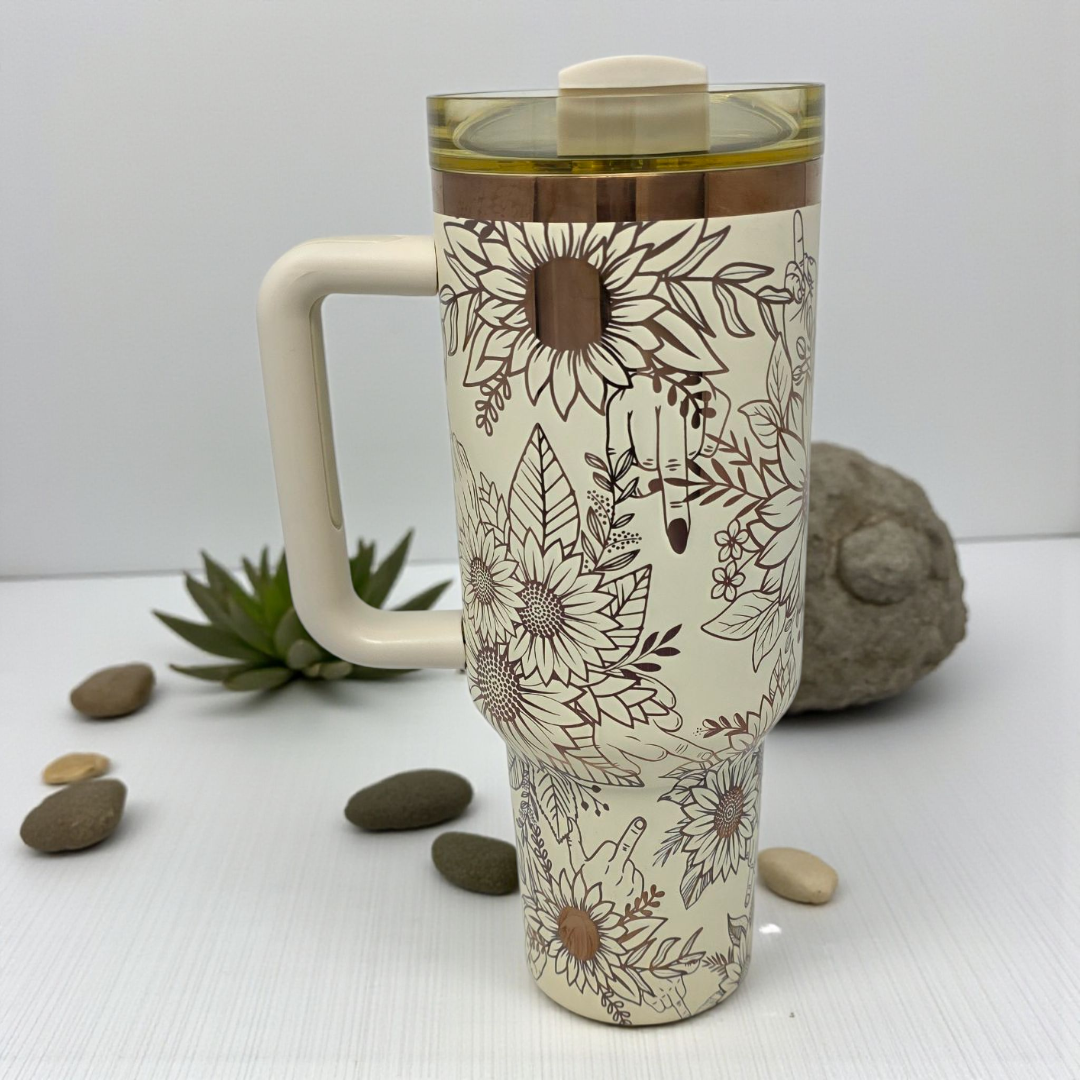 🌻 40oz Cream & Copper Sunflower Attitude Middle Finger Tumbler