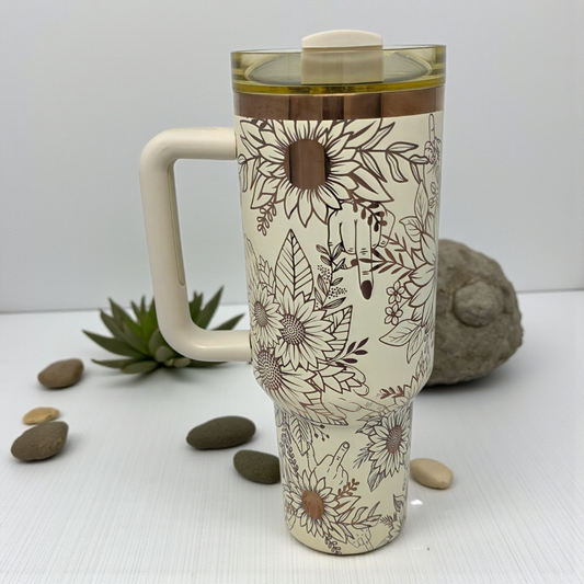 🌻 40oz Cream & Copper Sunflower Attitude Middle Finger Tumbler