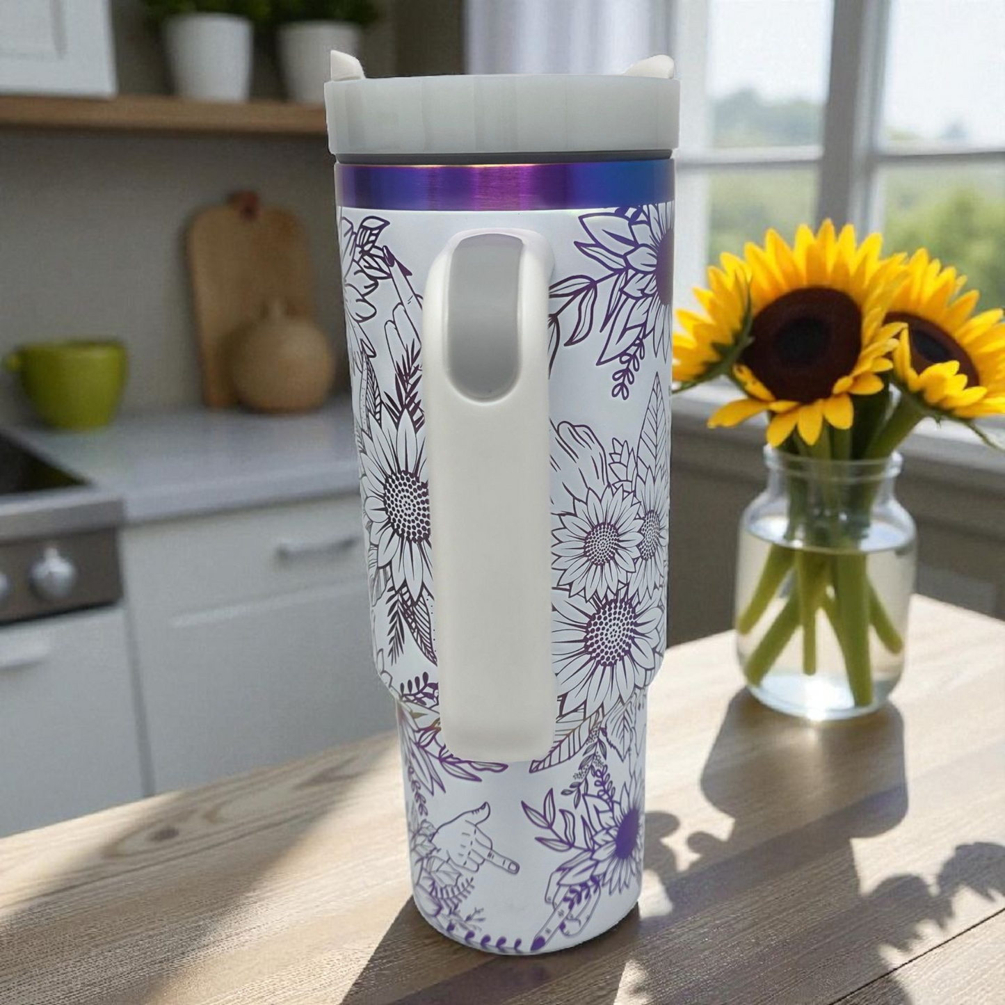 🌻 30oz White with Purple/Blue Sunflower Attitude Middle Finger Tumbler