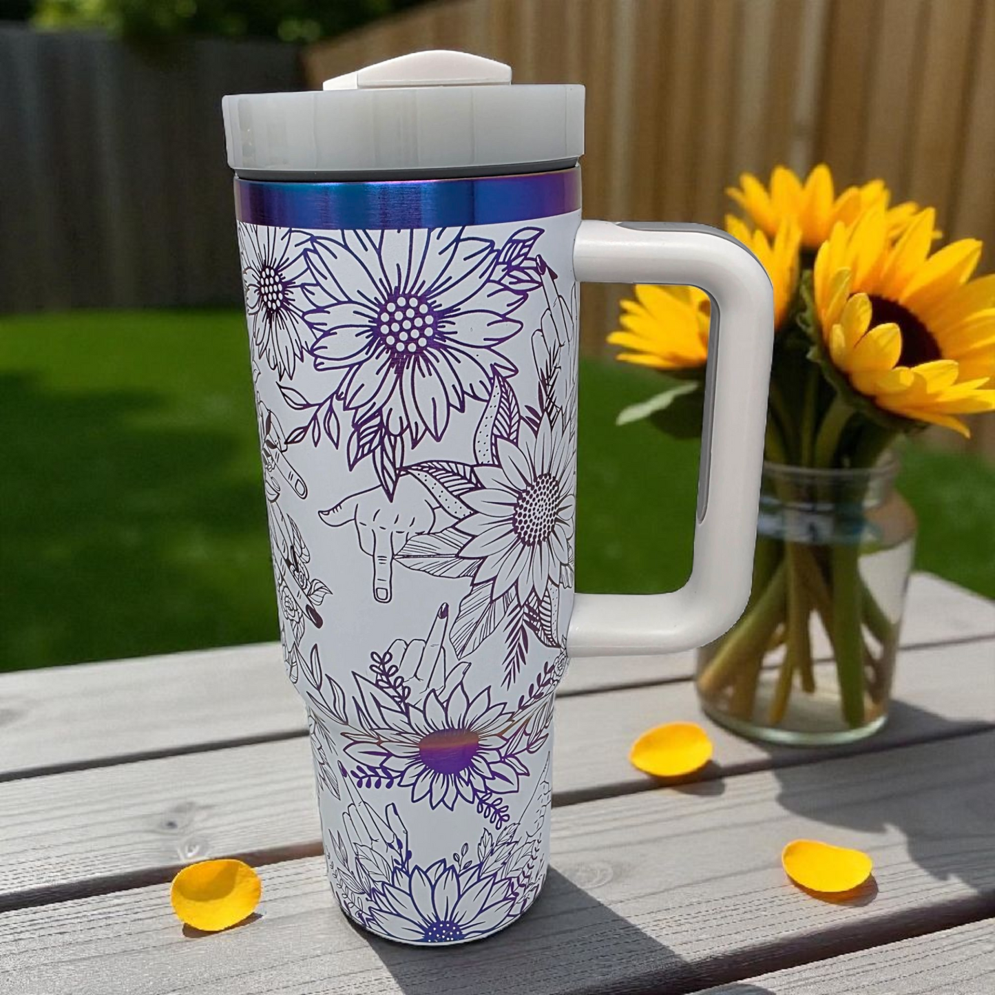 🌻 30oz White with Purple/Blue Sunflower Attitude Middle Finger Tumbler
