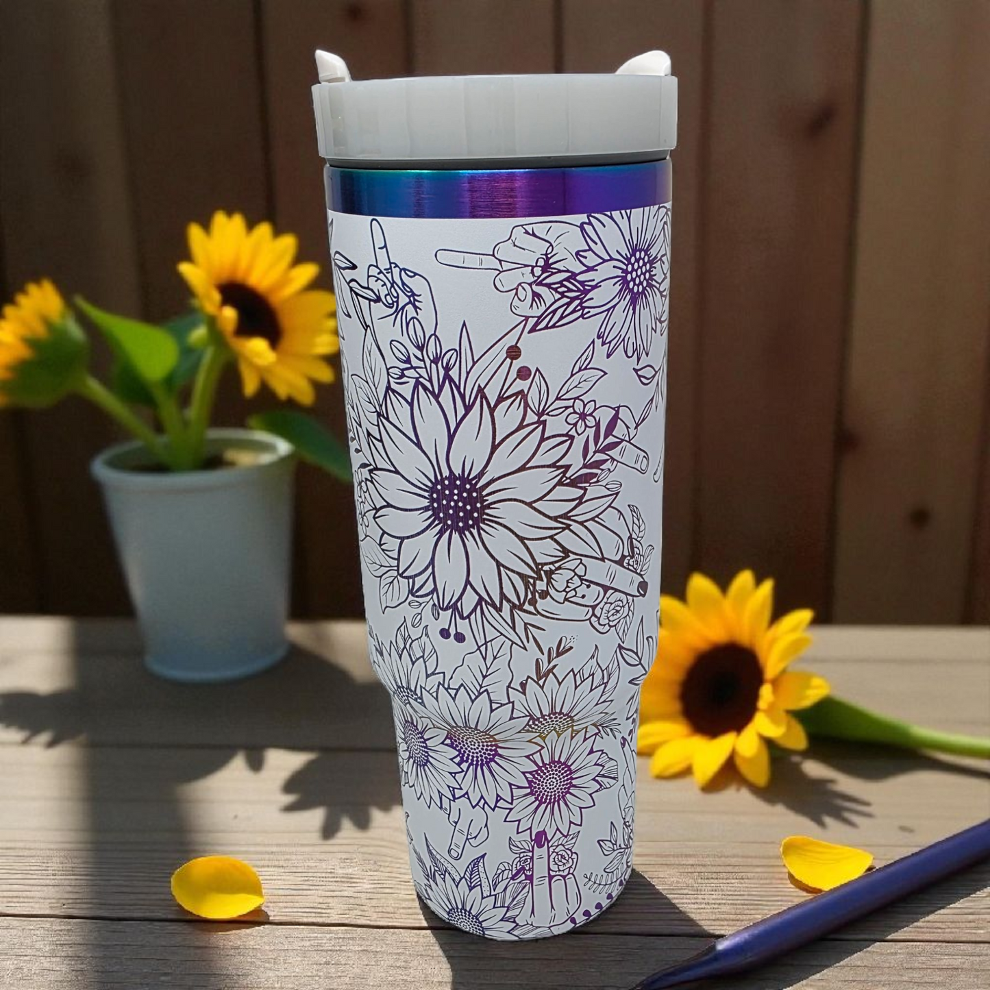 🌻 30oz White with Purple/Blue Sunflower Attitude Middle Finger Tumbler