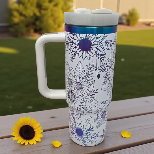 🌻 30oz White with Purple/Blue Sunflower Attitude Middle Finger Tumbler