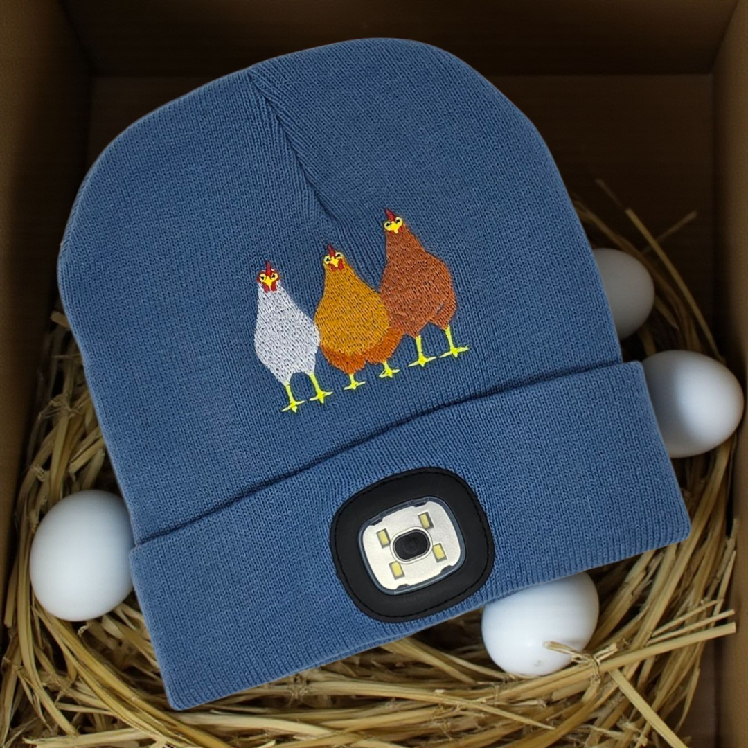 Embroidered Chickens Beanie with rechargeable light| Embroidered Hat | Camping | Walking | Hiking | Jogging | Night Shift