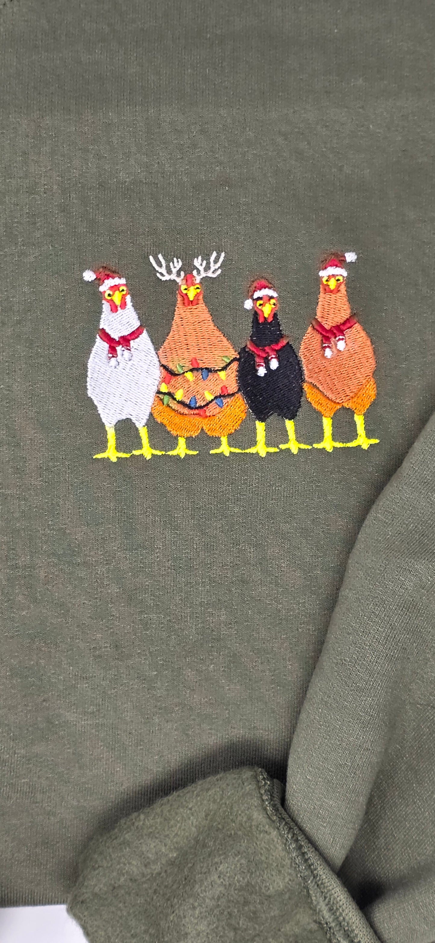 ✨ Christmas Chickens Crewneck Sweatshirt – Olive Green (Embroidered) ✨