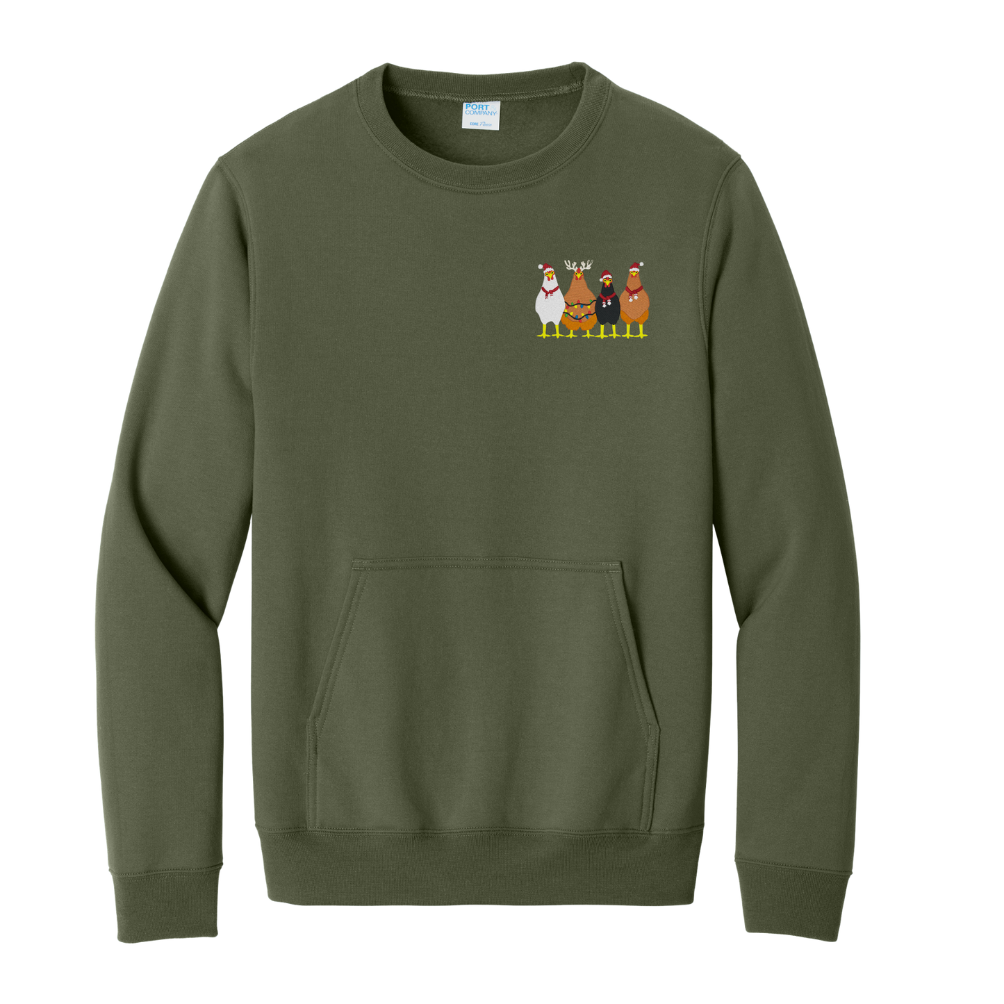 ✨ Christmas Chickens Crewneck Sweatshirt – Olive Green (Embroidered) ✨
