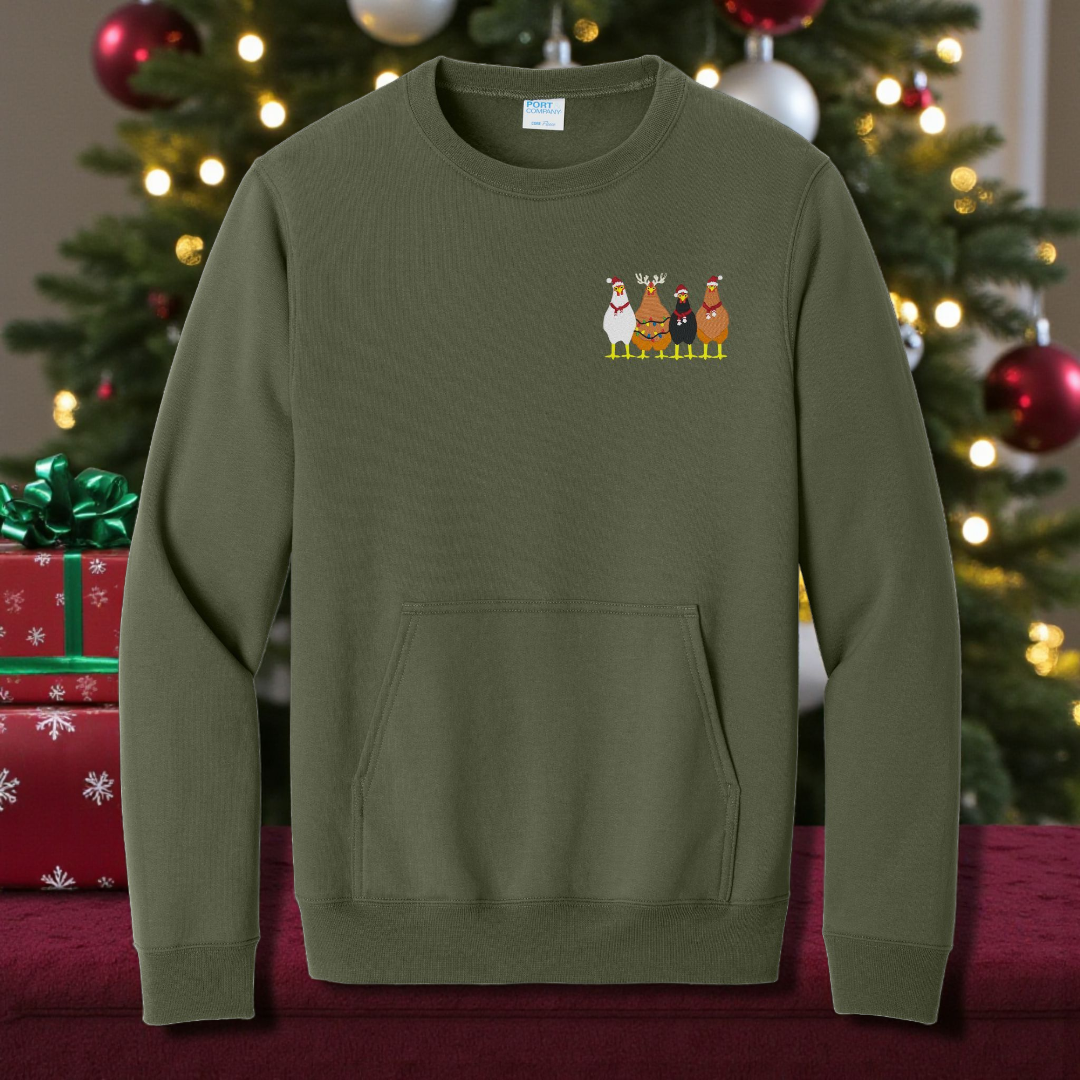 ✨ Christmas Chickens Crewneck Sweatshirt – Olive Green (Embroidered) ✨