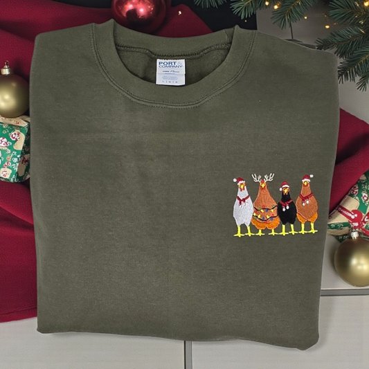 ✨ Christmas Chickens Crewneck Sweatshirt – Olive Green (Embroidered) ✨