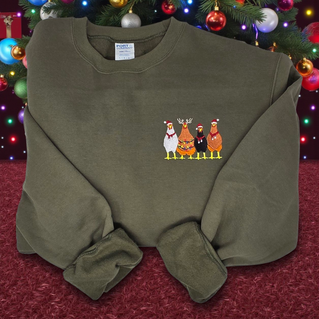✨ Christmas Chickens Crewneck Sweatshirt – Olive Green (Embroidered) ✨