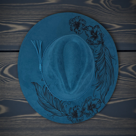 Vegan Suede Wide Brim Hat - Laser Engraved Floral & Feather Boho Western