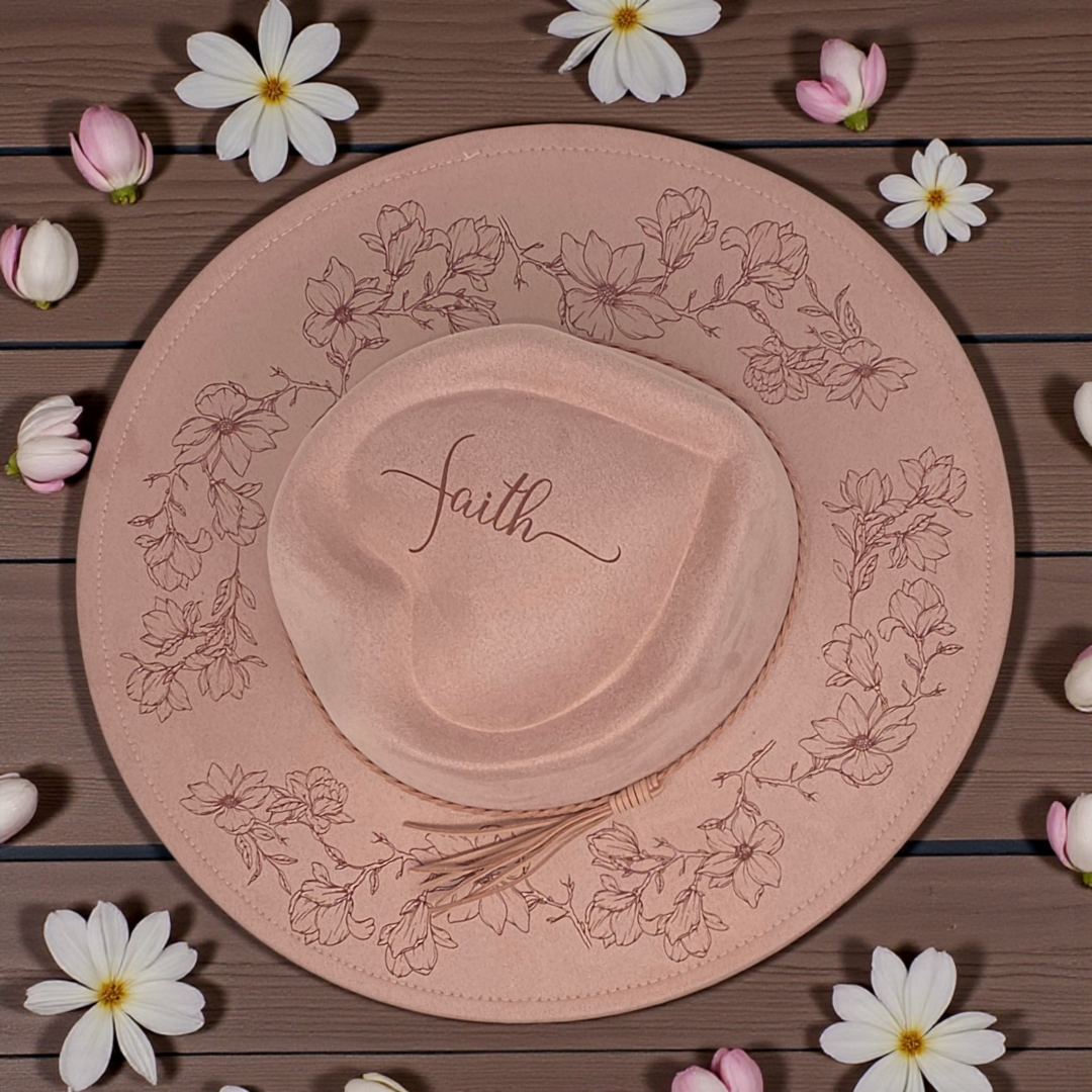 Dusty Pink Vegan Suede Wide Brim Hat - Laser Engraved Magnolia