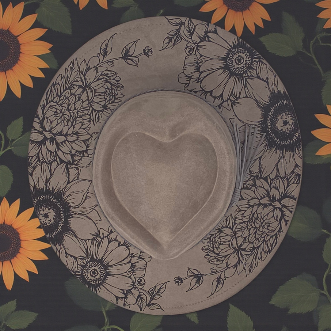 Sunflower Vegan Suede Wide Brim Hat - Laser Engraved Floral Boho Western