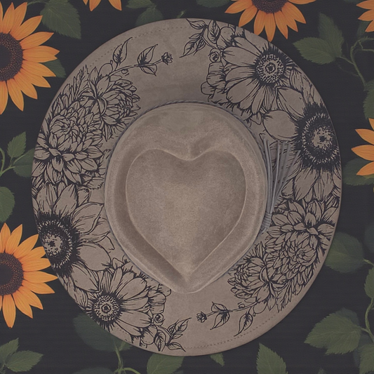 Sunflower Vegan Suede Wide Brim Hat - Laser Engraved Floral Boho Western