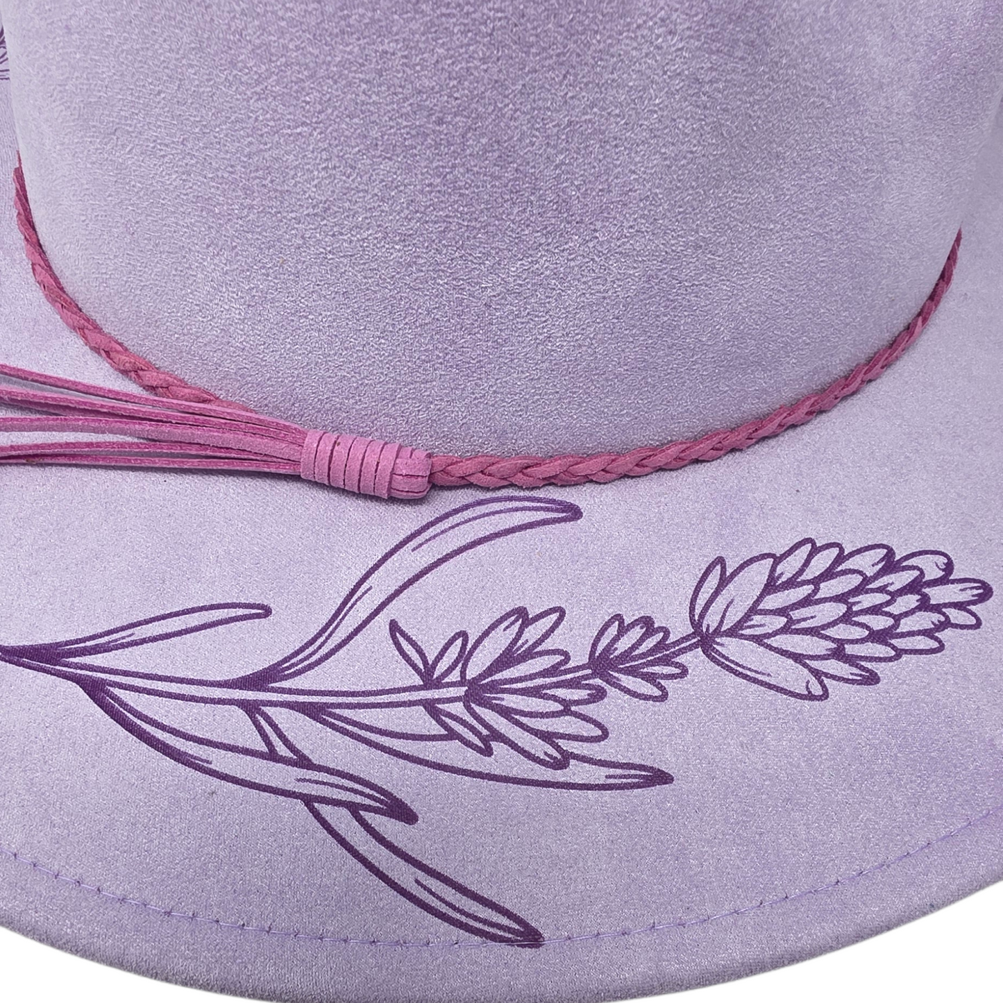 Lavender Vegan Suede Wide Brim Hat - Laser Engraved Floral Design