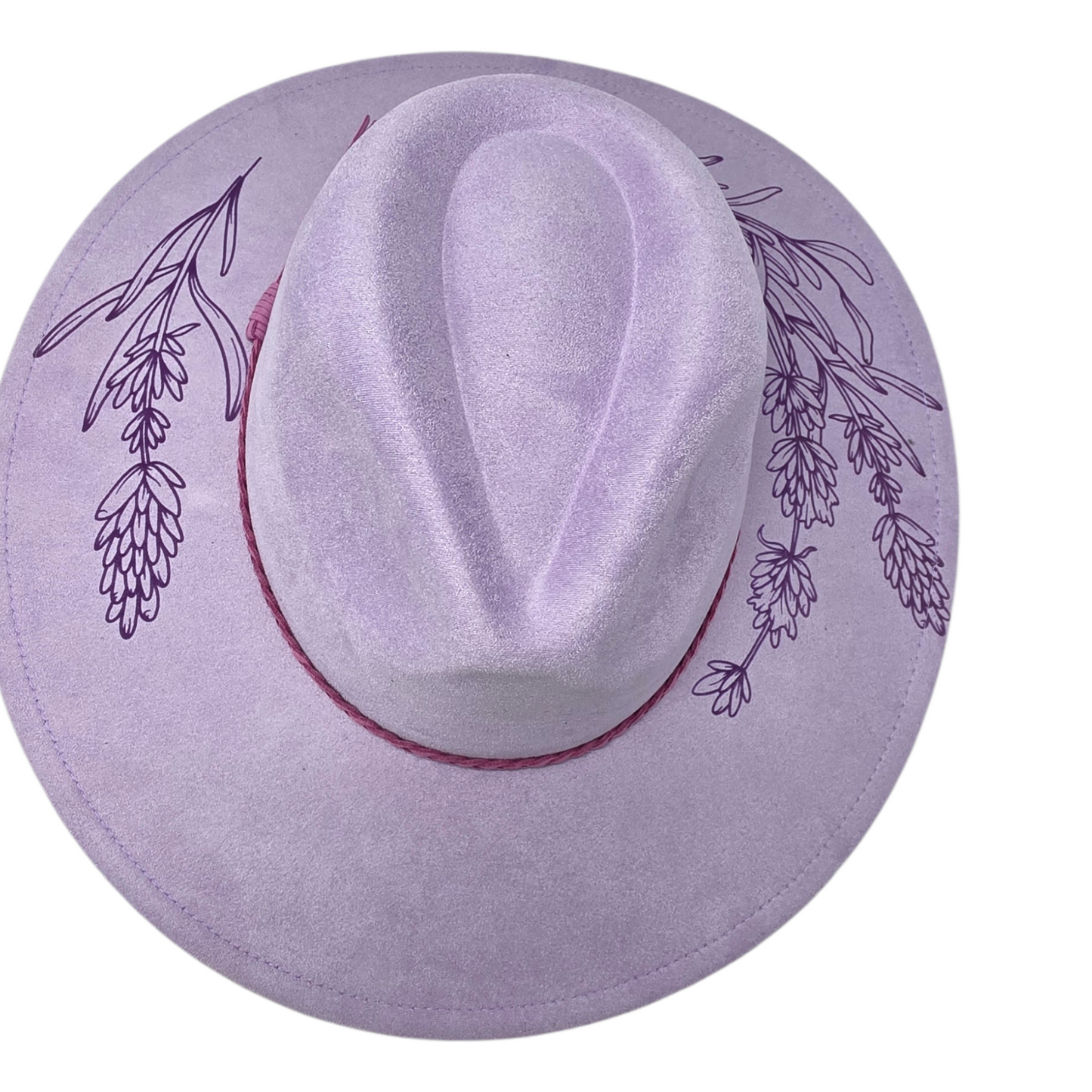 Lavender Vegan Suede Wide Brim Hat - Laser Engraved Floral Design