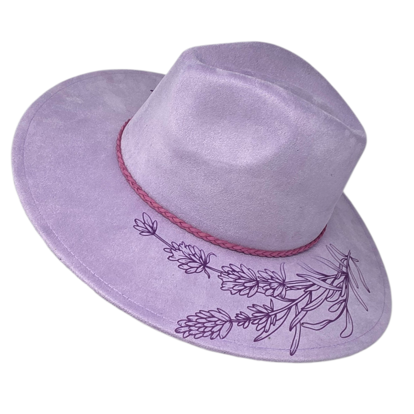 Lavender Vegan Suede Wide Brim Hat - Laser Engraved Floral Design