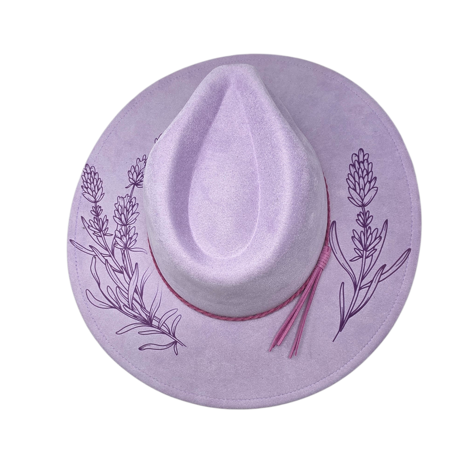 Lavender Vegan Suede Wide Brim Hat - Laser Engraved Floral Design