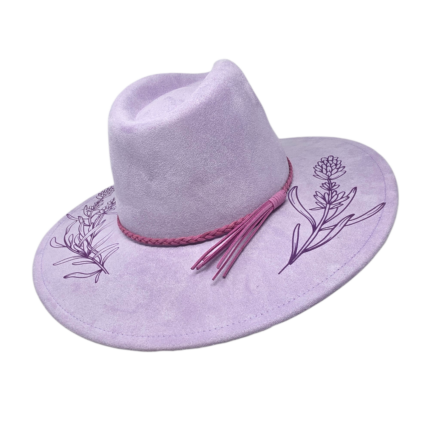 Lavender Vegan Suede Wide Brim Hat - Laser Engraved Floral Design