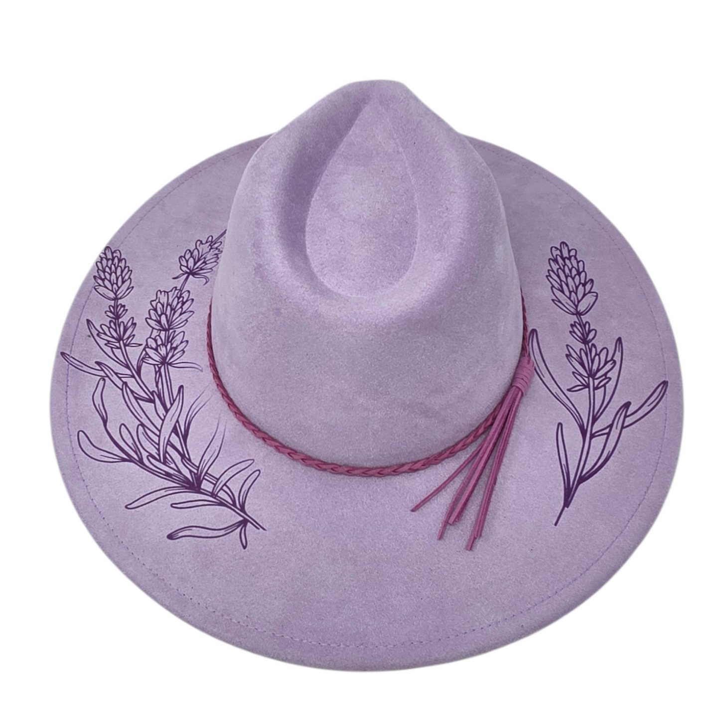 Lavender Vegan Suede Wide Brim Hat - Laser Engraved Floral Design