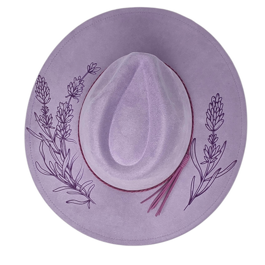 Lavender Vegan Suede Wide Brim Hat - Laser Engraved Floral Design