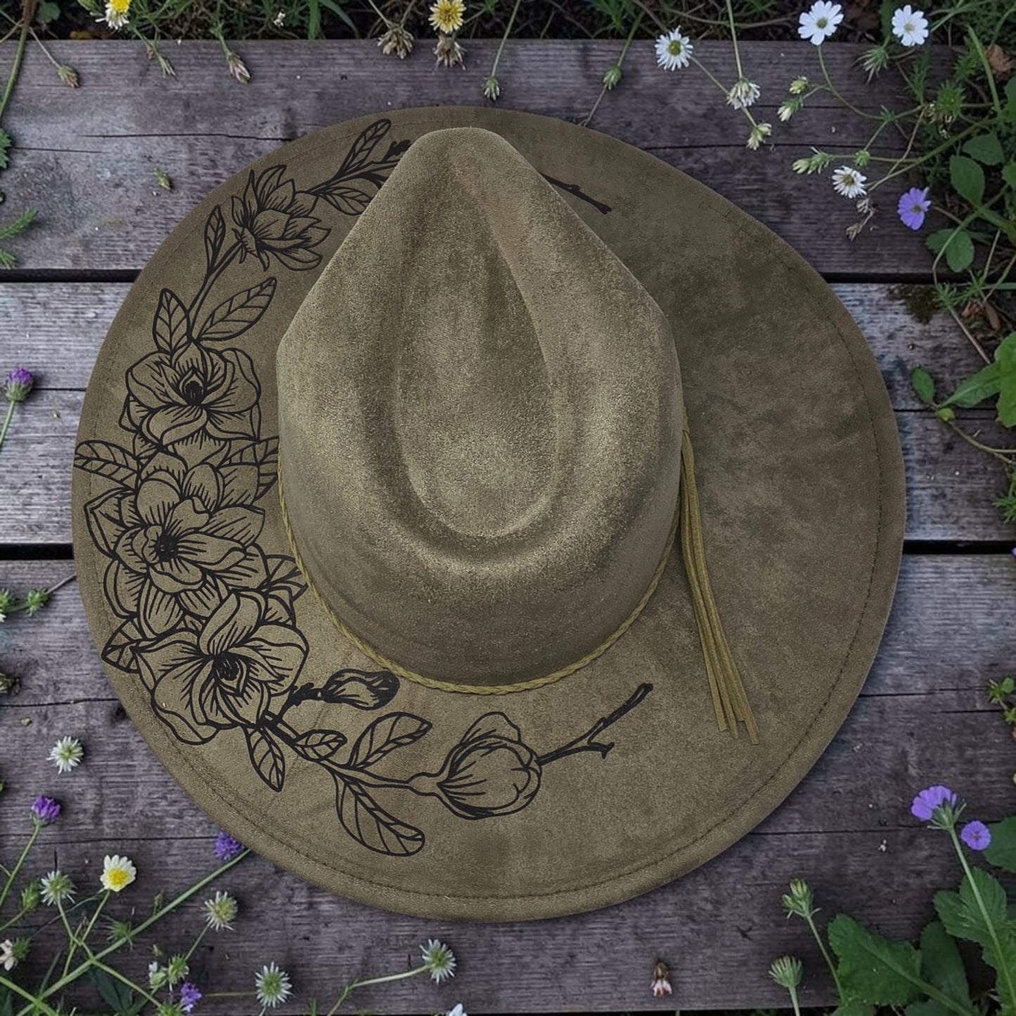 Vegan Suede Wide Brim Hat - Laser Engraved Gardenia Floral Design