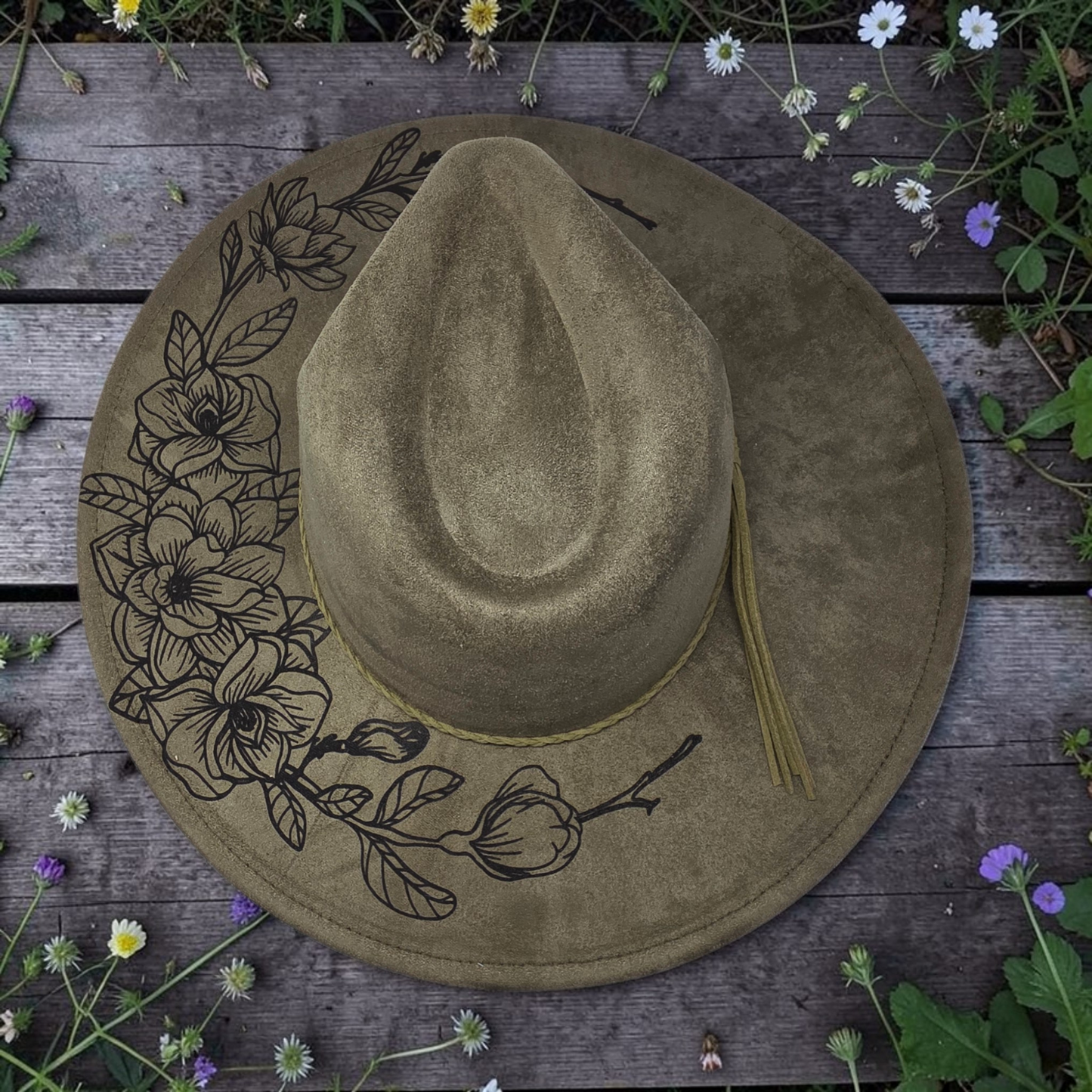 Vegan Suede Wide Brim Hat - Laser Engraved Gardenia Floral Design