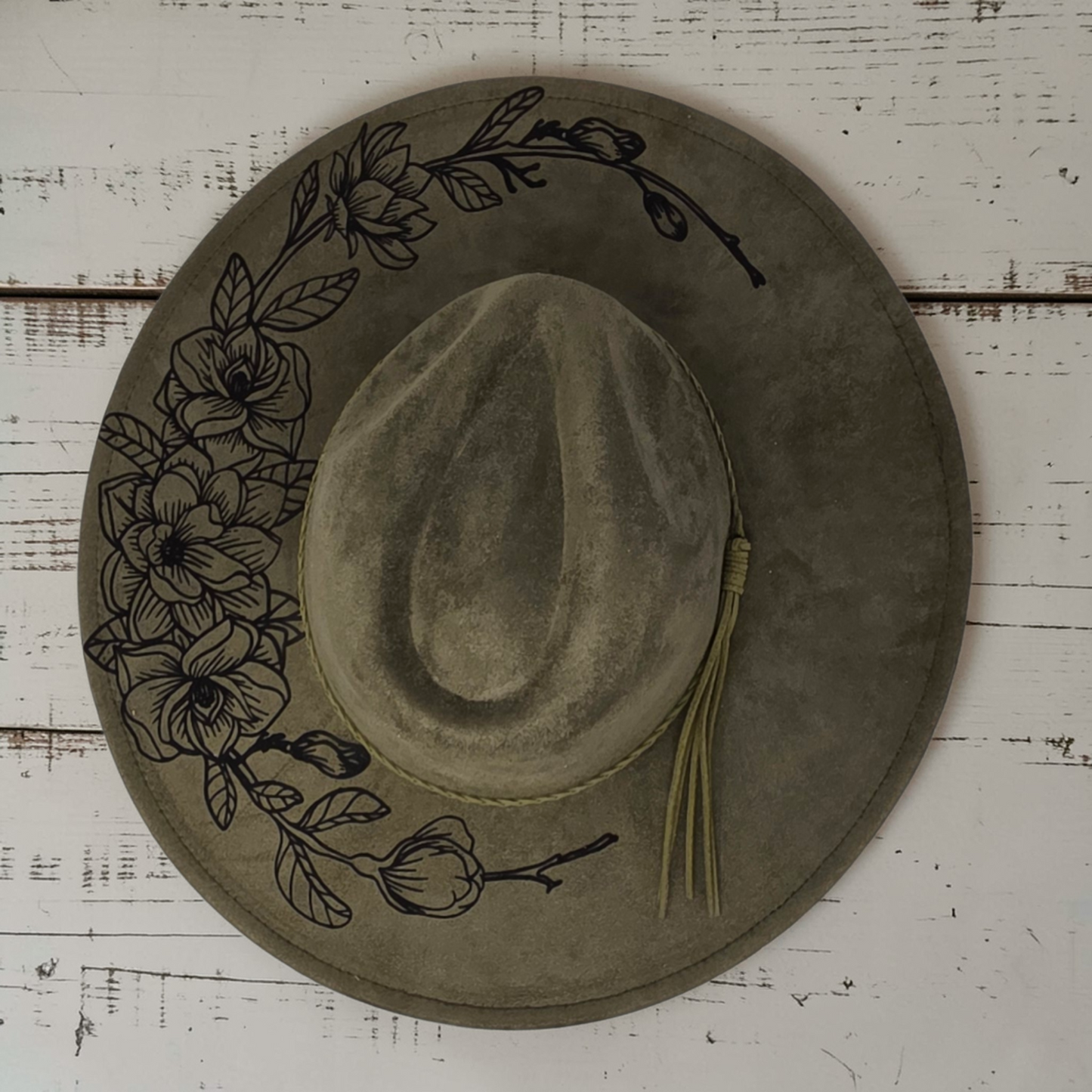 Vegan Suede Wide Brim Hat - Laser Engraved Gardenia Floral Design