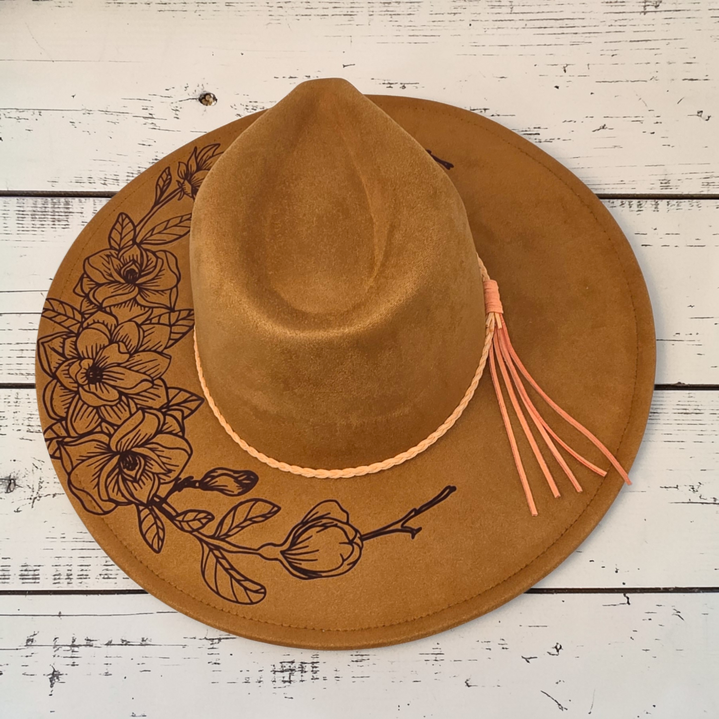 Vegan Suede Wide Brim Hat - Laser Engraved Gardenia Floral Design