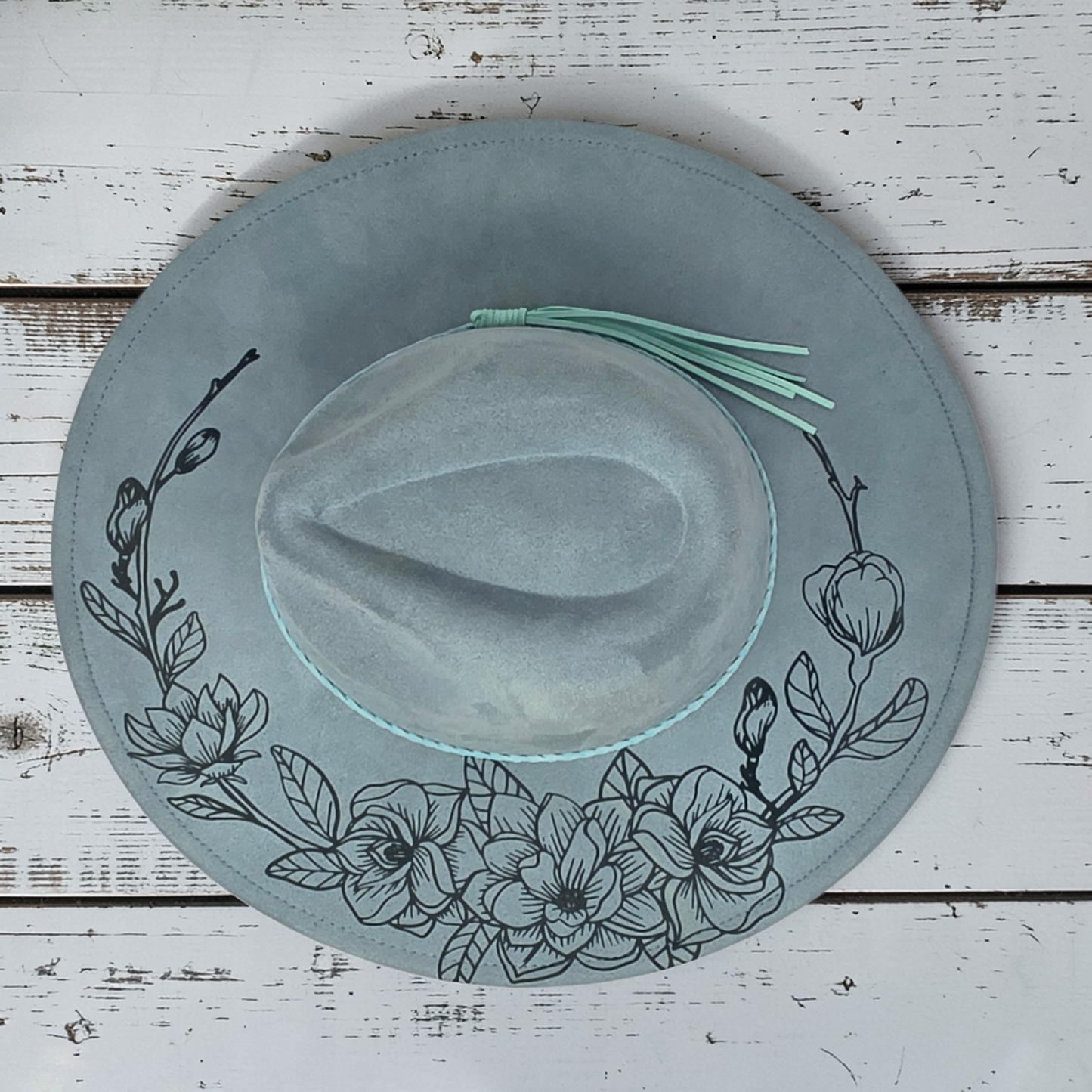Vegan Suede Wide Brim Hat - Laser Engraved Gardenia Floral Design