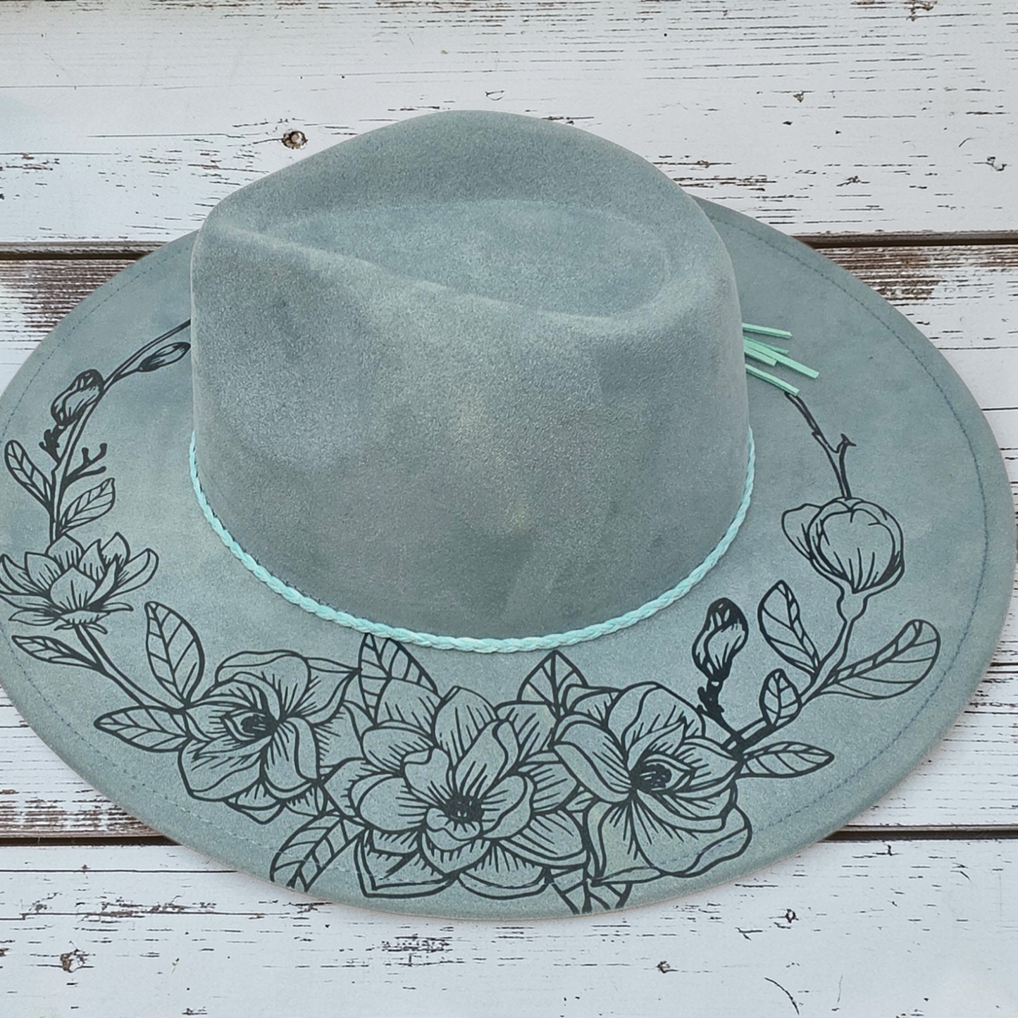 Vegan Suede Wide Brim Hat - Laser Engraved Gardenia Floral Design