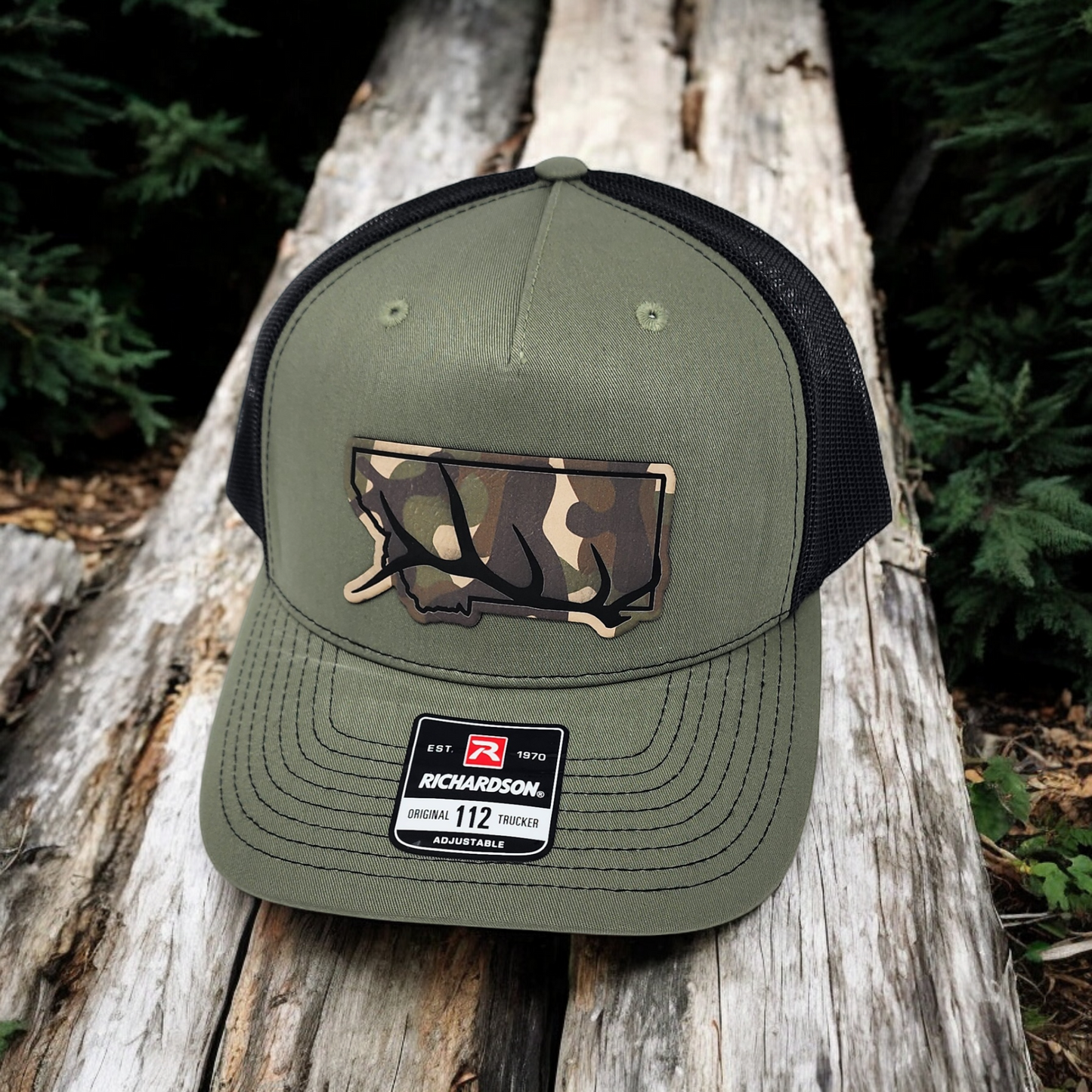 Montana Elk Antler Laser Engraved Camo Patch on Classic Richardson 112 Trucker Cap